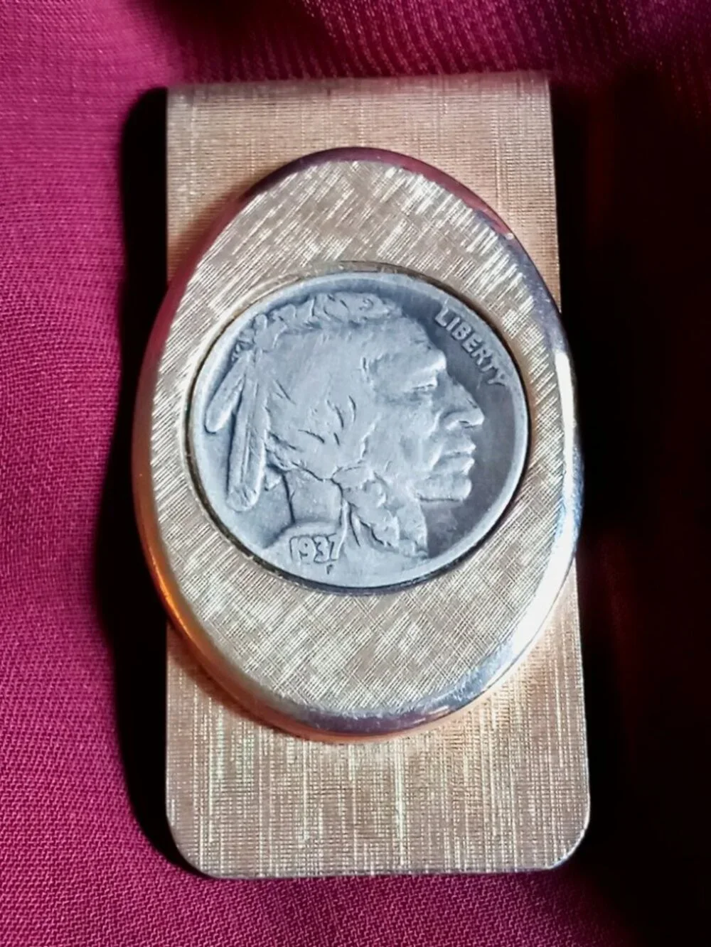 Vintage Gold-Tone Money Clip with Authentic 1937 F Buffalo Nickel & Name: 
